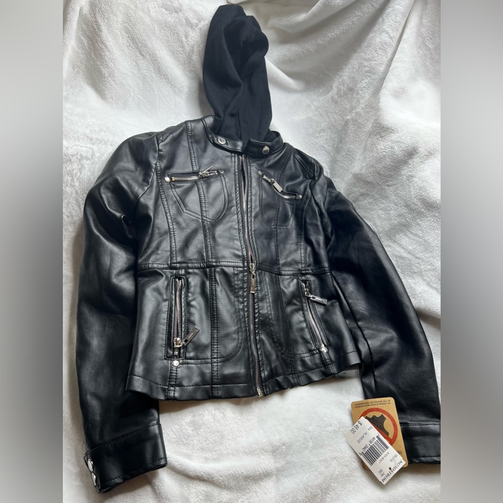 JouJou Black Vegan Leather Jacket Kids Girls Size X Large 18 / 20 Removable Hood